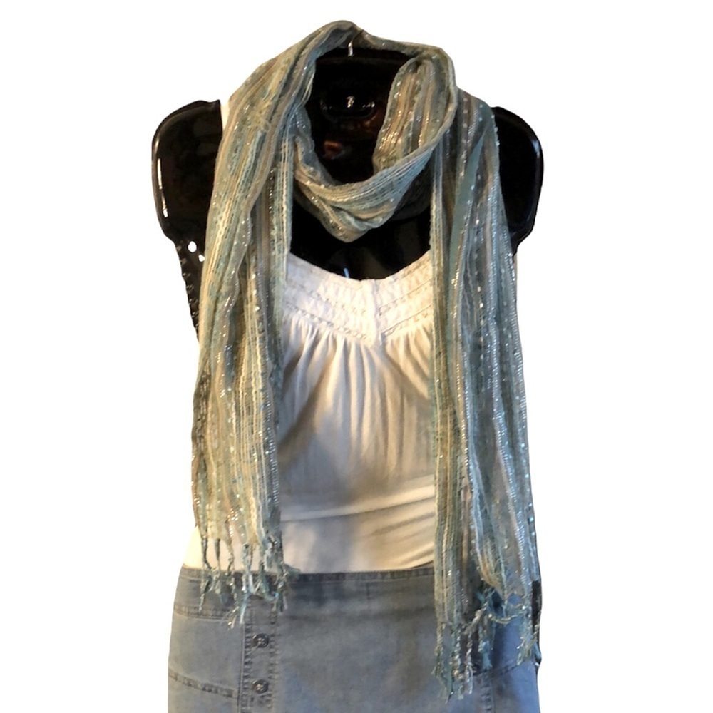 Beachy Coastal Inspired Gauzy Scarf, Blue, Aqua, Silver, White, Sand​​​​
